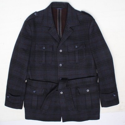 Custom Safari Jacket Mens 42R Slim Navy Blue Plaid Carnet Wool Belted Field Coat