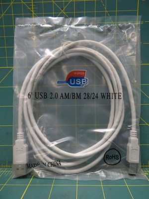 Unbranded Hi-Speed Certified 6' USB 2.0 AM/BM 28/24 White Cable 30V Male to Male
