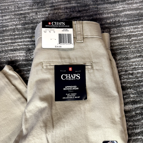 Chaps Boys 8 Slim Pants Khaki Tan Approved Schoolwear Uniform Flat Front New - Picture 2 of 12
