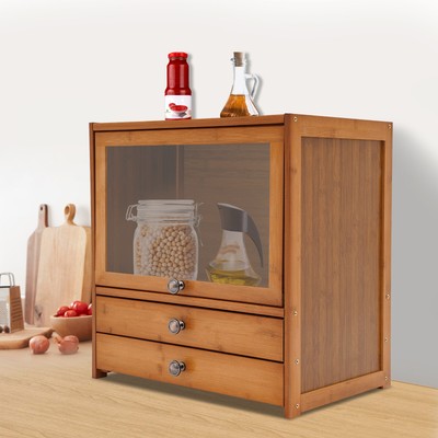 52cm Bamboo Flip-Up Door Kitchen Cabinet Tan Storage Cabinet with 2 Drawers 