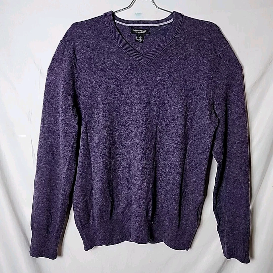 Banana Republic Men L Cotton Cashmere Purple Vneck Pullover Long Sleeve Sweater - Image 2 of 4