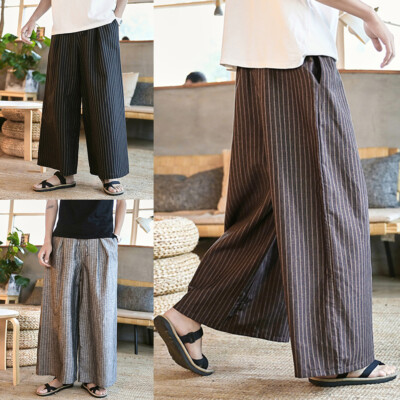 Mens Wide Leg Striped Linen Loose Boot Cut Capri Pants Kimono Trousers Plus Size