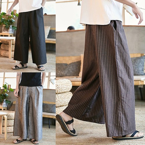 Pantalones Capri De Colección Para Hombre Lino Corte Suelto Pierna Ancha Rayas Kimono Pantalones Largos - Imagen 1 de 16