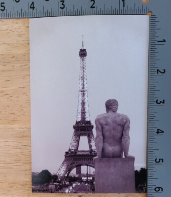 Statue in Front of the Eiffel Tower in Paris, France 4x6 Found Photo