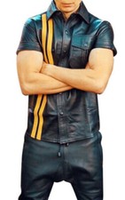 Men's Real Leather Police Shirt Gay Biker Schwarz Cuir Lederhemd Black Punk Kink