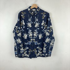 East Vintage Denim Jacket Embroidered Frog Knot Closure Oriental Uk 16 Linen