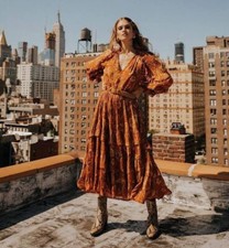 Spell & The Gypsy Maxi Gown Dress Size Large Aurora Burnt Amber Orange Boho Long
