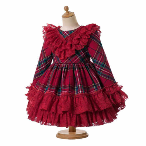 Red Christmas Lace Dress Girls Tartan Formal Party Ruffled Dresses Autumn Winter - Picture 1 of 11