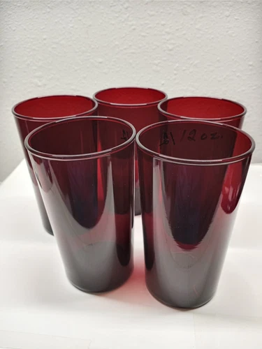 Vintage RUBY RED GLASS TUMBLERS 12 oz set of 5 ANCHOR HOCKING