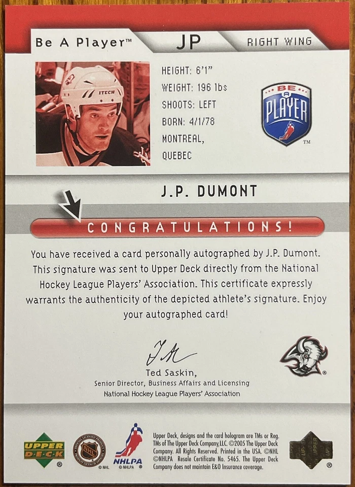 2005-06 Be A Player Signatures J.P. Dumont #JP Buffalo Sabres - Image 2 of 2