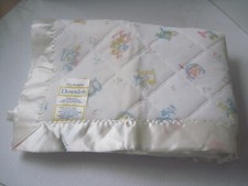 Quiltex Downlon Baby Blanket White  Multi-Colored Print Satin Trim 38x50 New