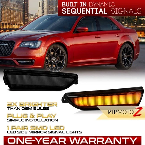 Sequential LED Smoke Side Mirror Turn Signal Lamp Set For 2011-2023 Chrysler 300