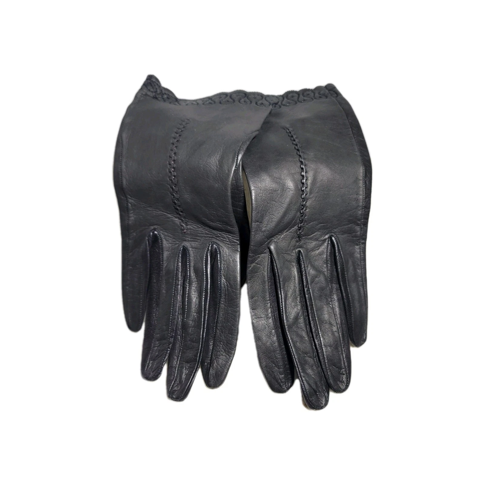 Vintage Women High End Black Leather Gloves With Eyelet Leather Wrist 3.25'' XS