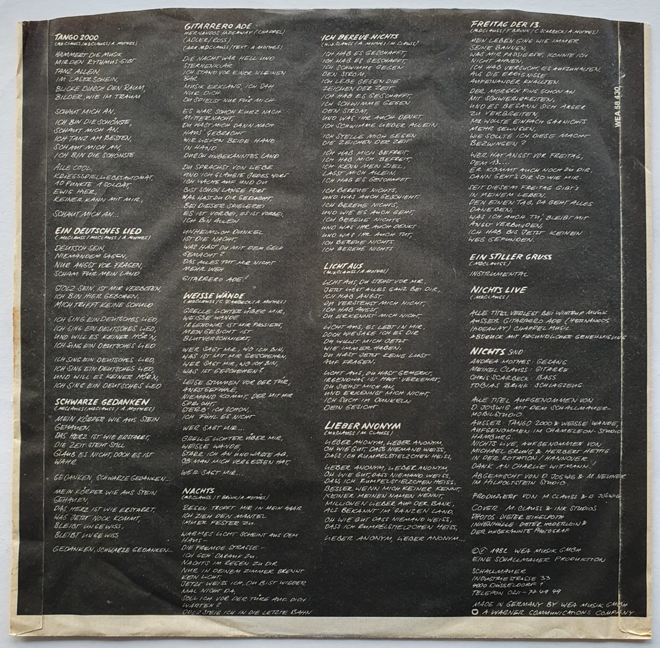 Nichts – Tango 2000 (Vinyl, 1982), OIS mit Texten, sehr gut (VG++) - Bild 3 von 4