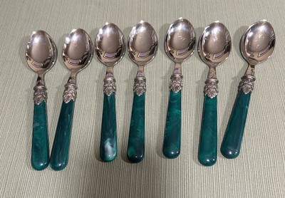 EME Flatware Napoleon 7 Oval Soup Spoons Stainless Green/White 18/10 Italy