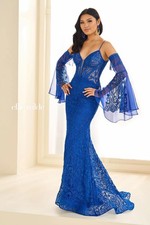 Ellie Wilde Royal Blue Lace Mermaid Gown Sheer Bell Sleeves Open Back EW36030