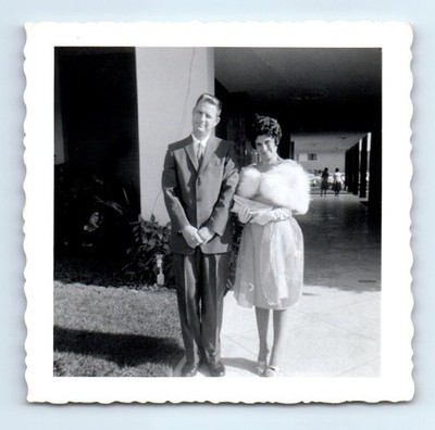 Old Vintage Square Photo MAN WOMAN COUPLE OUTSIDE BUILDING SNAPSHOT PIC