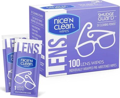 Nice 'N Clean Smudgeguard Lens Cleaning Wipes (100 Total Wipes) | Pre-Moistened