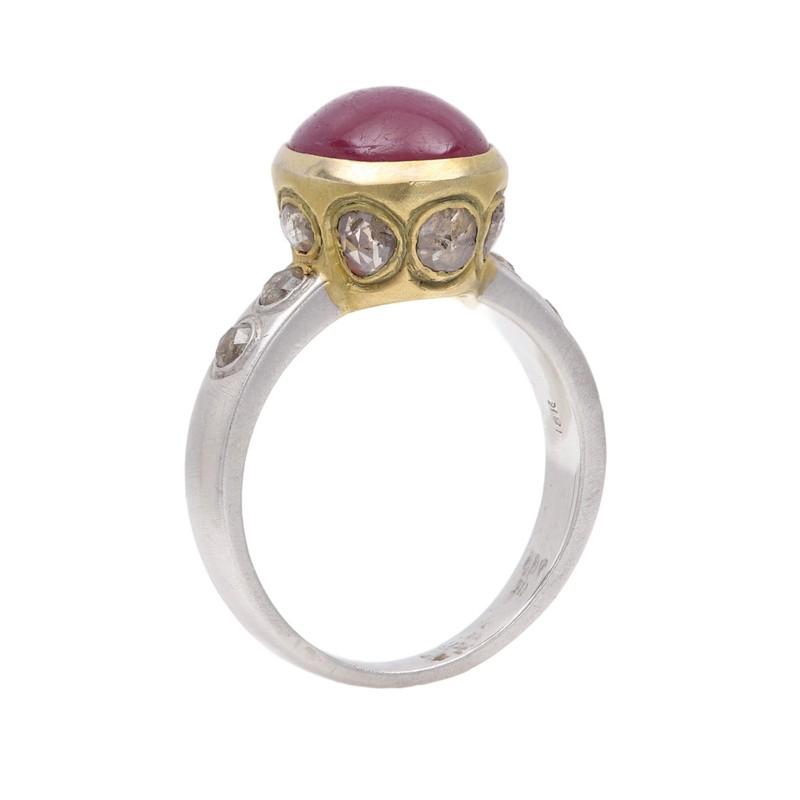 Vintage Ruby Ring Cabochon 18K Ruby 3.0 carat Natural Gem Old cut Diamonds (#115