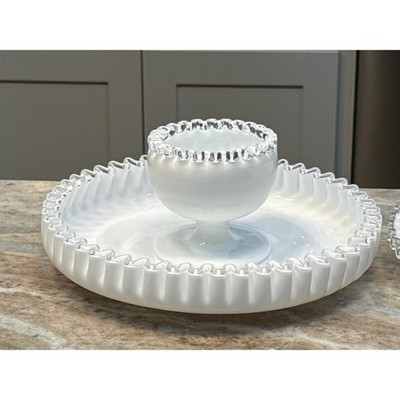 Fenton Milk Glass Silver Crest Chip and Dip Set Ruffled Edge Vintage White Glass