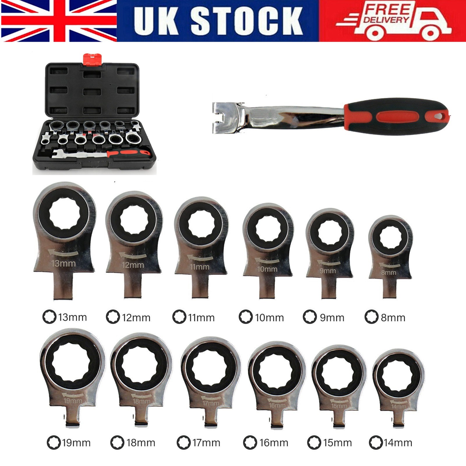 12Pcs Flexible Ratchet Spanner set Metric 8-19mm Flexi Head Combination Wrench