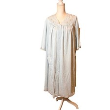 Vintage Shadowline Blue Housecoat Womens Large Lace Trim Embroidered Snap Front