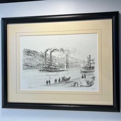 Signed JOHN STOBART Pittsburgh Point Bridge 19/200 drawing print  20½x17 framed