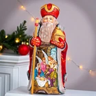 Hand-Carved Wooden Santa 12" – Nativity Scene, Staff & Lantern Mantel Decor