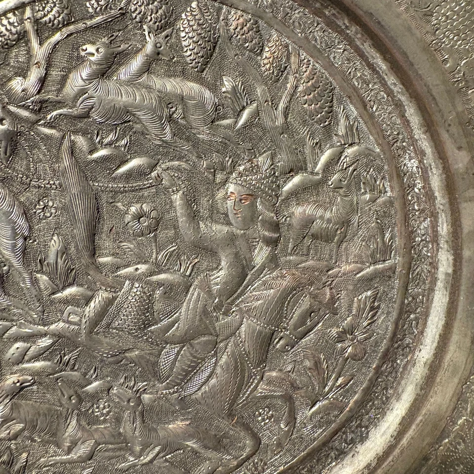 "Antigua placa de pared persa grabada a mano de cobre escena de caza 8"" firmada" Foto 2 de 4