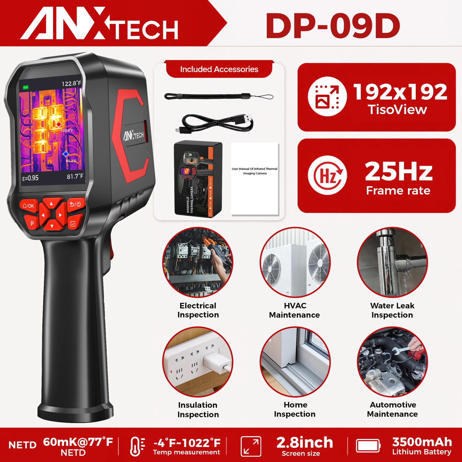 ANXTECH Handheld Thermal Imaging Camera 2.8" LCD 192x192 TISR 25Hz IR Imaging