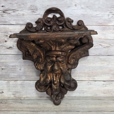 Antique Cast Iron Wall Sconce Shelf Ornate Gold Winged Face Gothic Grotesque 