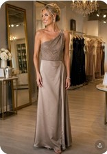 One Shoulder Glitter Satin Gown Rhinestone Buckle Rose Gold Evening Dress 56in