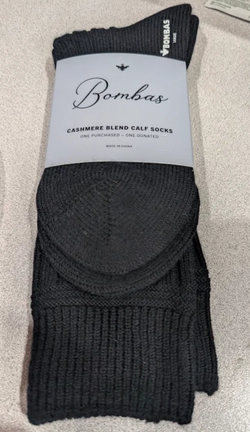 1 Pair Bombas Men's Merino Cashmere Blend Large Black Calf Crew Socks