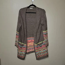 Wishlist Women’s Open Front Cardigan Sweater S/M Brown Neon Aztec Tribal Knit...