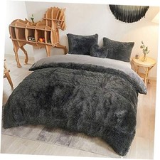 Luxury Shaggy Duvet Cover Set Ultra Soft Faux Fur Fluffy Queen Dark Gray