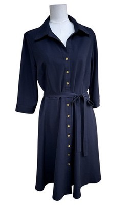 Sharagano Womens Size 14 Navy Button Front Shirt Dress Belted Midi Gold Tone