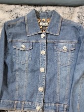 VTG Berek 2 Embellished Rhinestone Denim Jacket Leopard Trim Medium Wash L