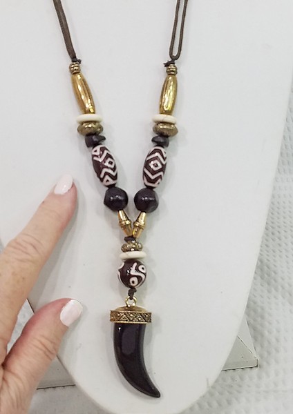 Alternate view of Tribal Ethnic Brown Acrylic Wolf Tooth Pendant Decorative Bead Cord Necklace