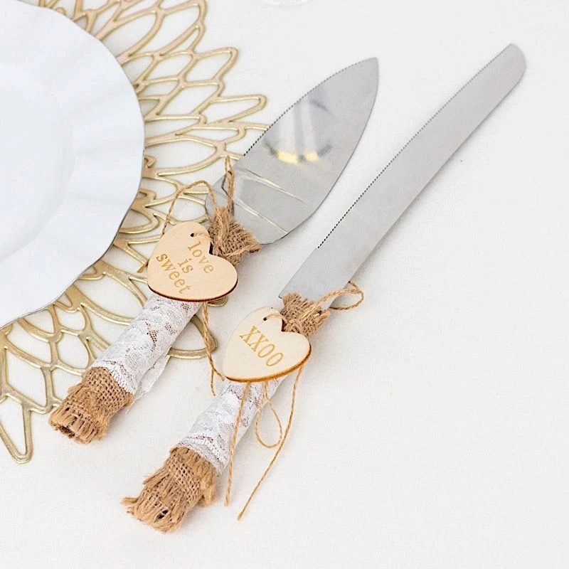 SILVER Wedding Cake KNIFE and Server Set NATURAL Jute Lace Handles Party Events - Image 4 of 4