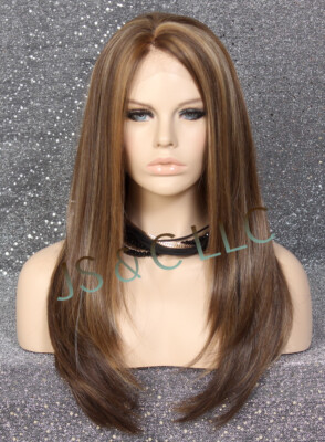 Human hair blend Full Lace Front Wig Straight Caramel Brown Blonde mixed WBDA