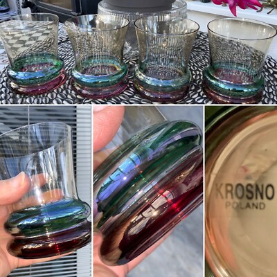 EIN VINTAGE 4'' KROSNO DREIFARBIG IRISIEREND RUBINGRÜN BERNSTEIN WHISKY SAFTGLAS