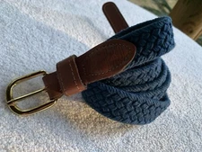 VTG Zep-Pro Belt Mens 44 Leather Navy Blue Woven Cotton Canvas Brass Buckle USA