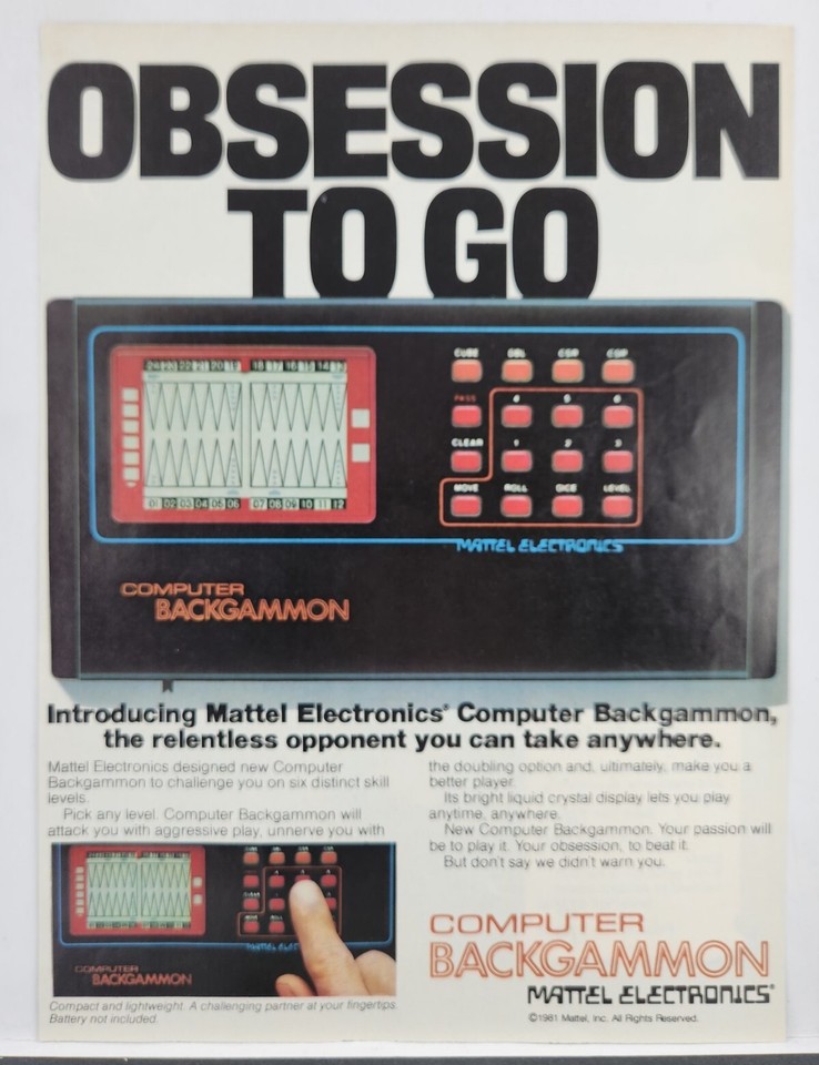 An original 1981 print ad for Mattel's handheld Computer Backgammon — a perfectly framed piece of retro gaming nostalgia that's cheap, fun, and frameable.