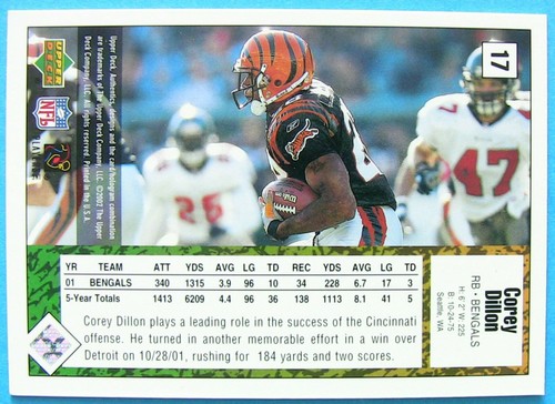 COREY DILLON, 2002 UD AUTHENTICS #17, BENGALS - Picture 2 of 2