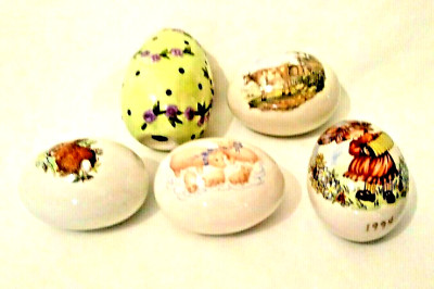 5 Vintage Ceramic Decorative Handmade Eggs 1994 Girl, Rabbit, Pigs, Cow, Rose