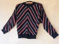 Vintage 1980's UK Sweater Sm/M Black Tan Dolman Sleeve Acrylic Retro Relaxed VGC