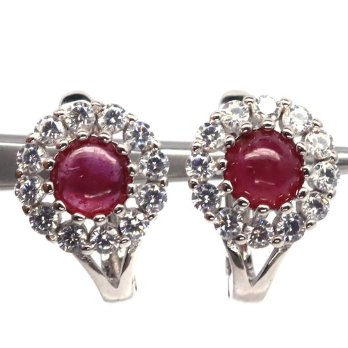 925 Sterling Silver 4 MM. Red Ruby & White Zircon Earrings White Gold Plated