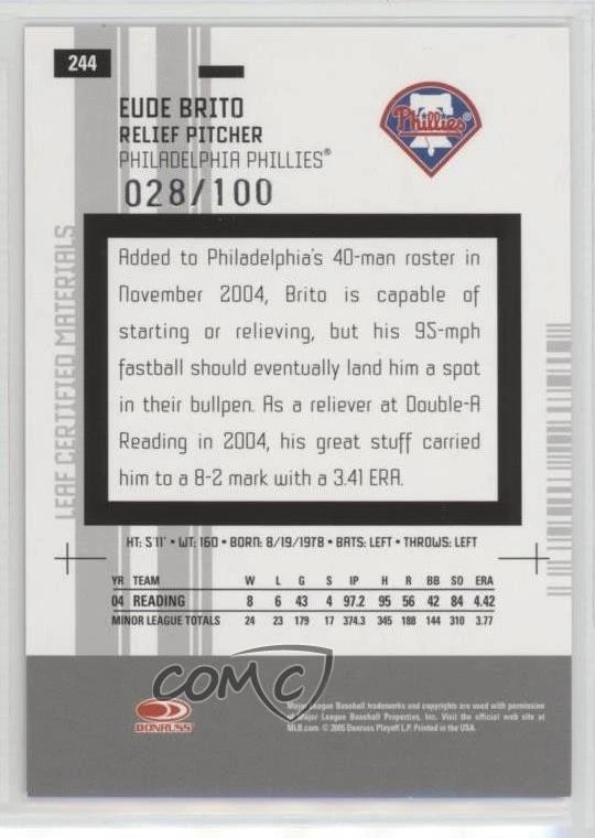 2005 Leaf Certified Materials New Generation Mirror Red Eude Brito Rookie RC - Image 2 of 2