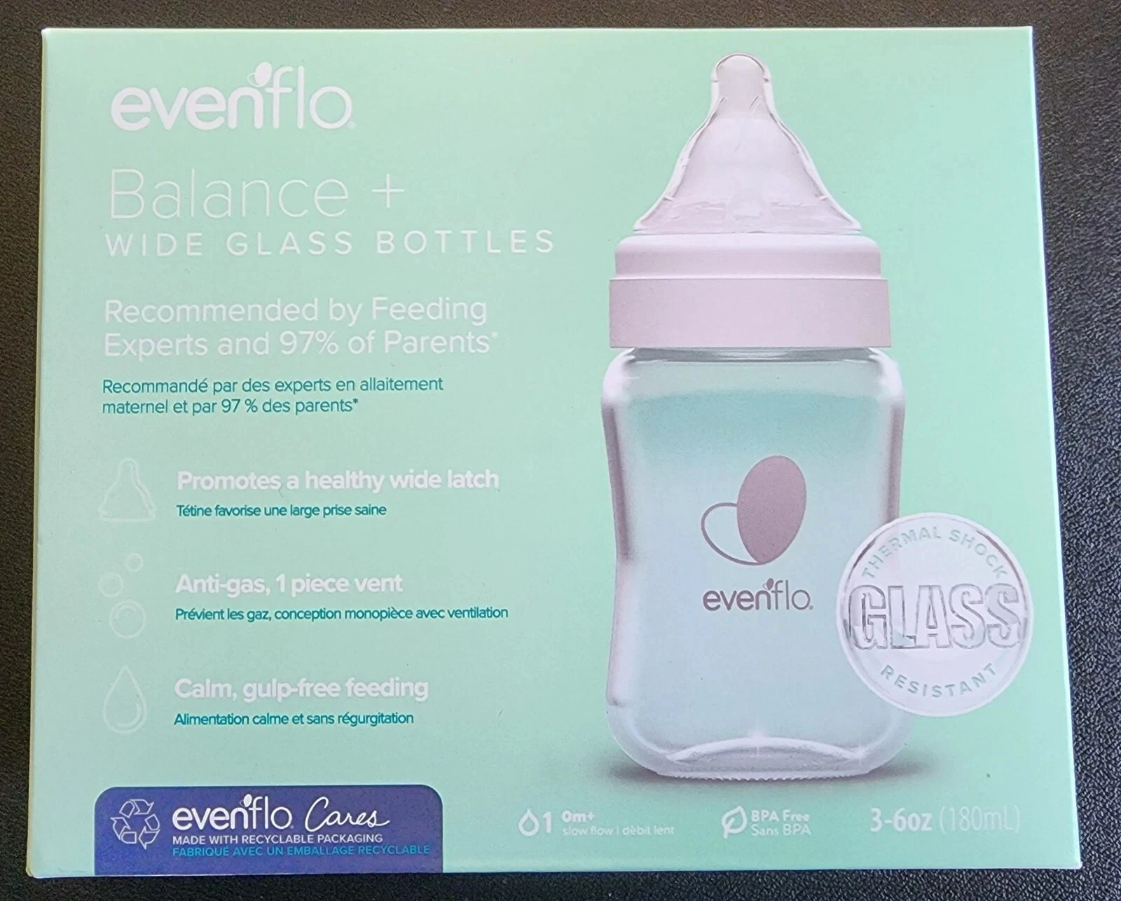 Evenflo Balance Wide-Neck Glass Anti-Colic Baby Bottles 6oz (3 Pack) Fast ship