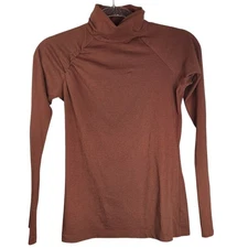 Leo & Sage Turtleneck Top Size Small 100% Pima Cotton Brown Long Sleeve Ruched 